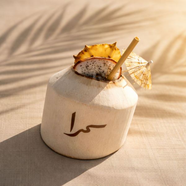 Branded coconut drink with tropical umbrella served in a natural coconut shell